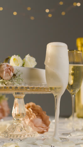 Hochzeitstorte-Mit-Gläsern-Champagner,-Die-Bei-Der-Hochzeitsfeier-Vor-Grauem-Studiohintergrund-Eingegossen-Werden